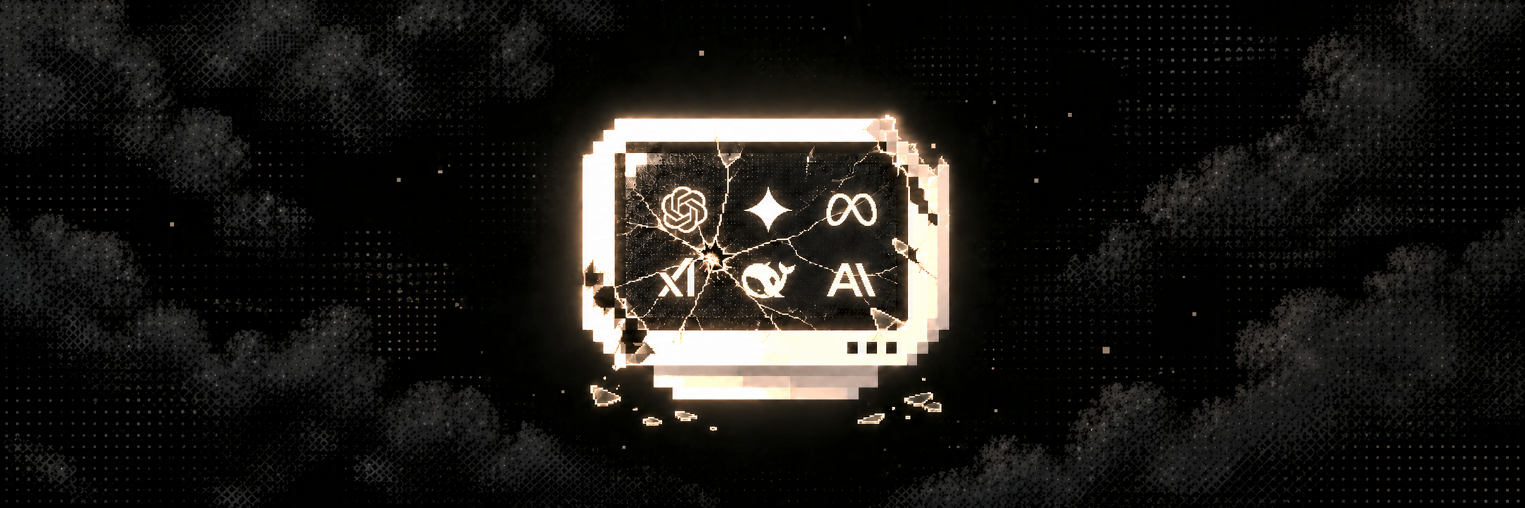 Broken Agency artwork: a glowing cracked computer monitor displaying AI symbols against a distressed black background